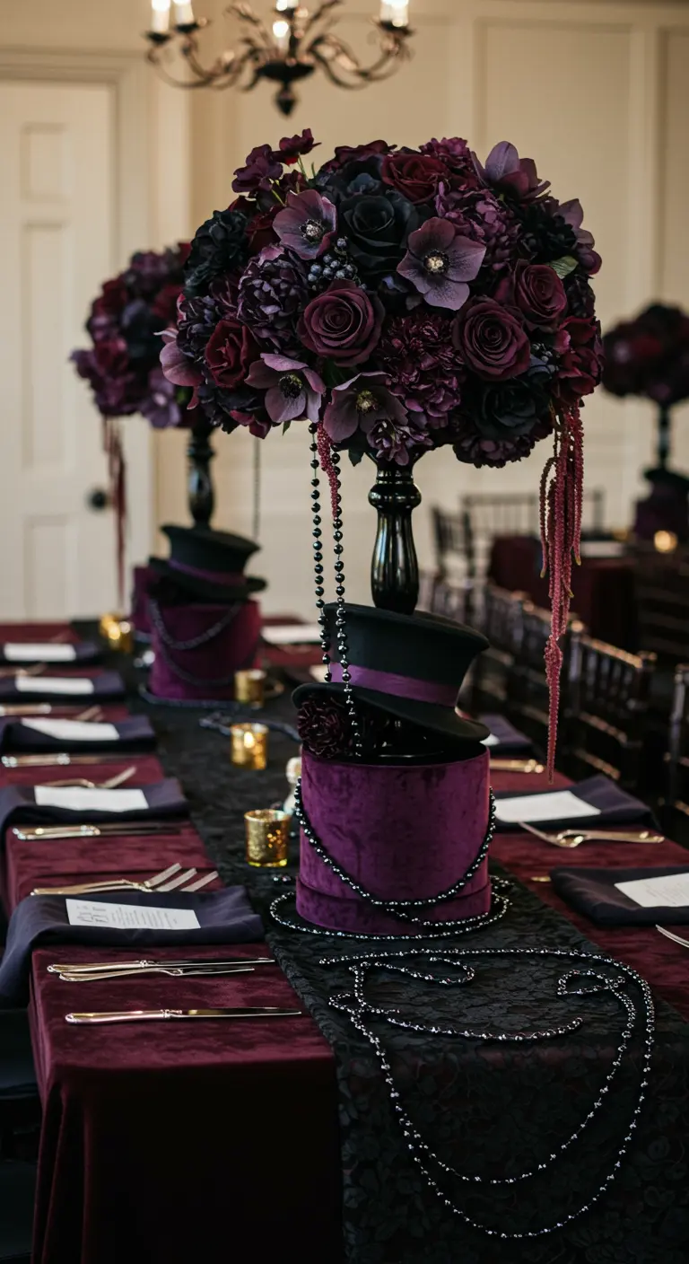 Tiered gothic centerpiece with a purple velvet hatbox, top hat, and dark purple flowers.