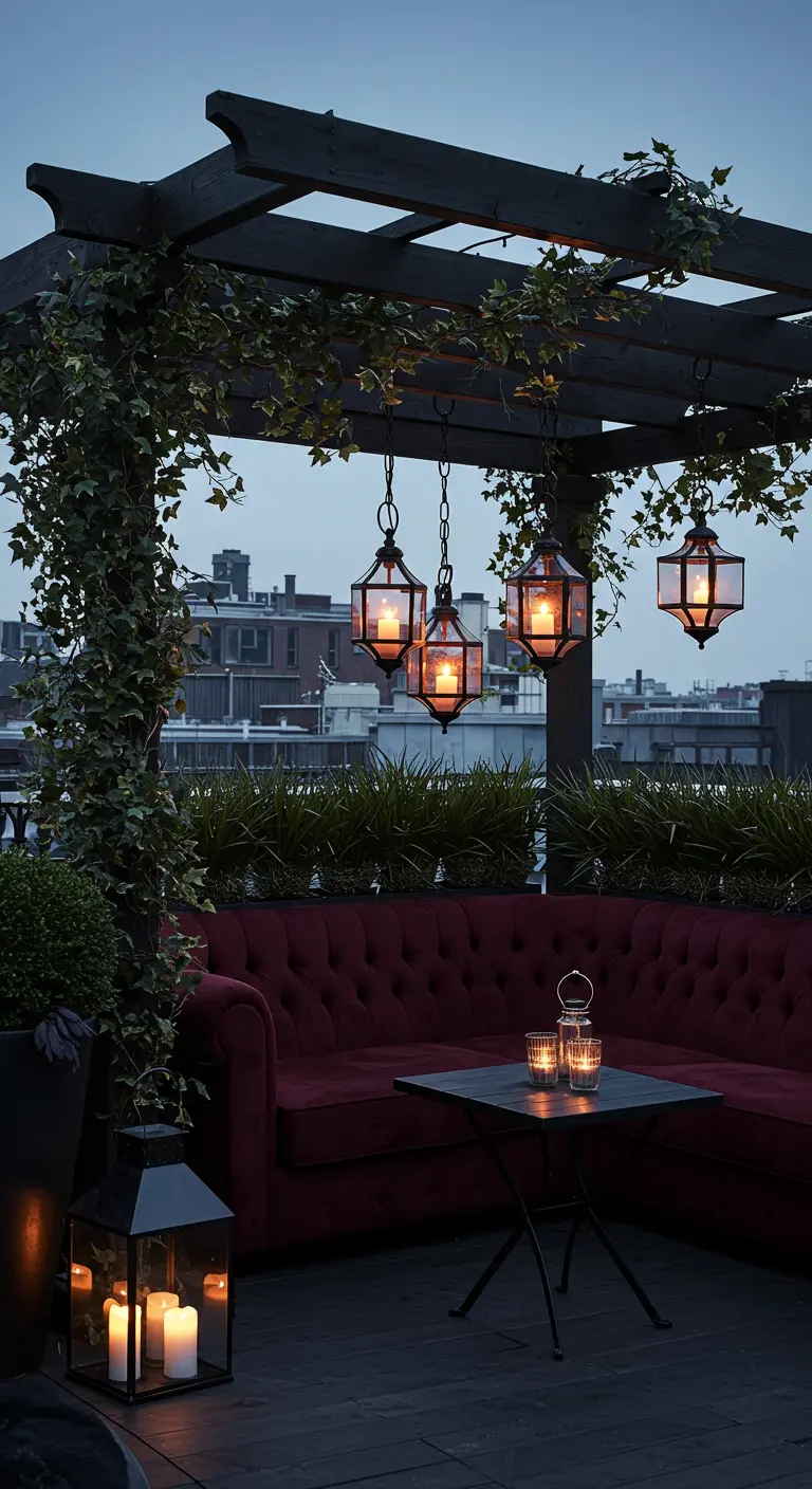 A dramatic rooftop at dusk with a black pergola, a burgundy velvet sofa, and climbing ivy.