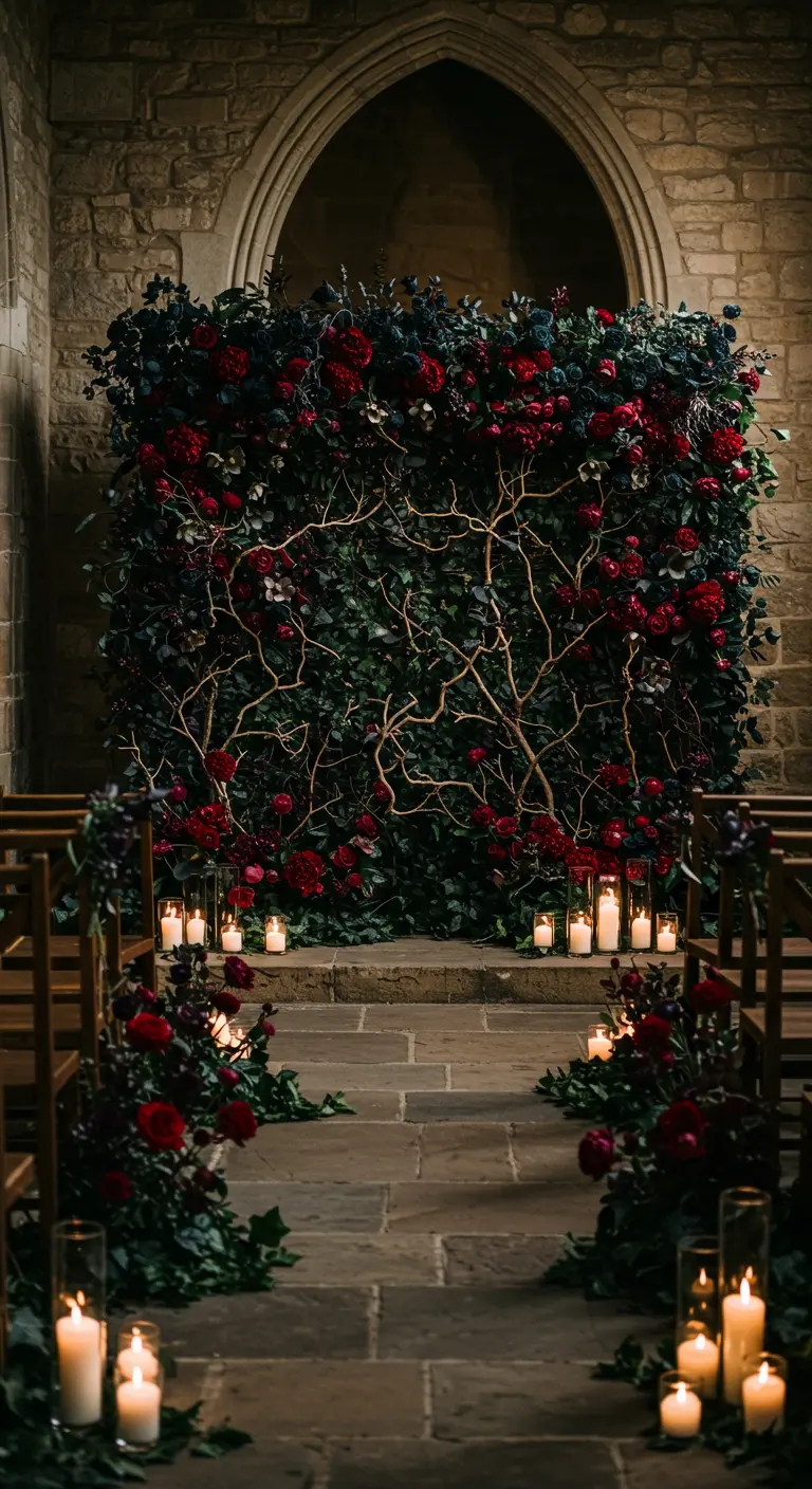 Dark ivy wall with deep red roses and bare branches for a gothic wedding.
