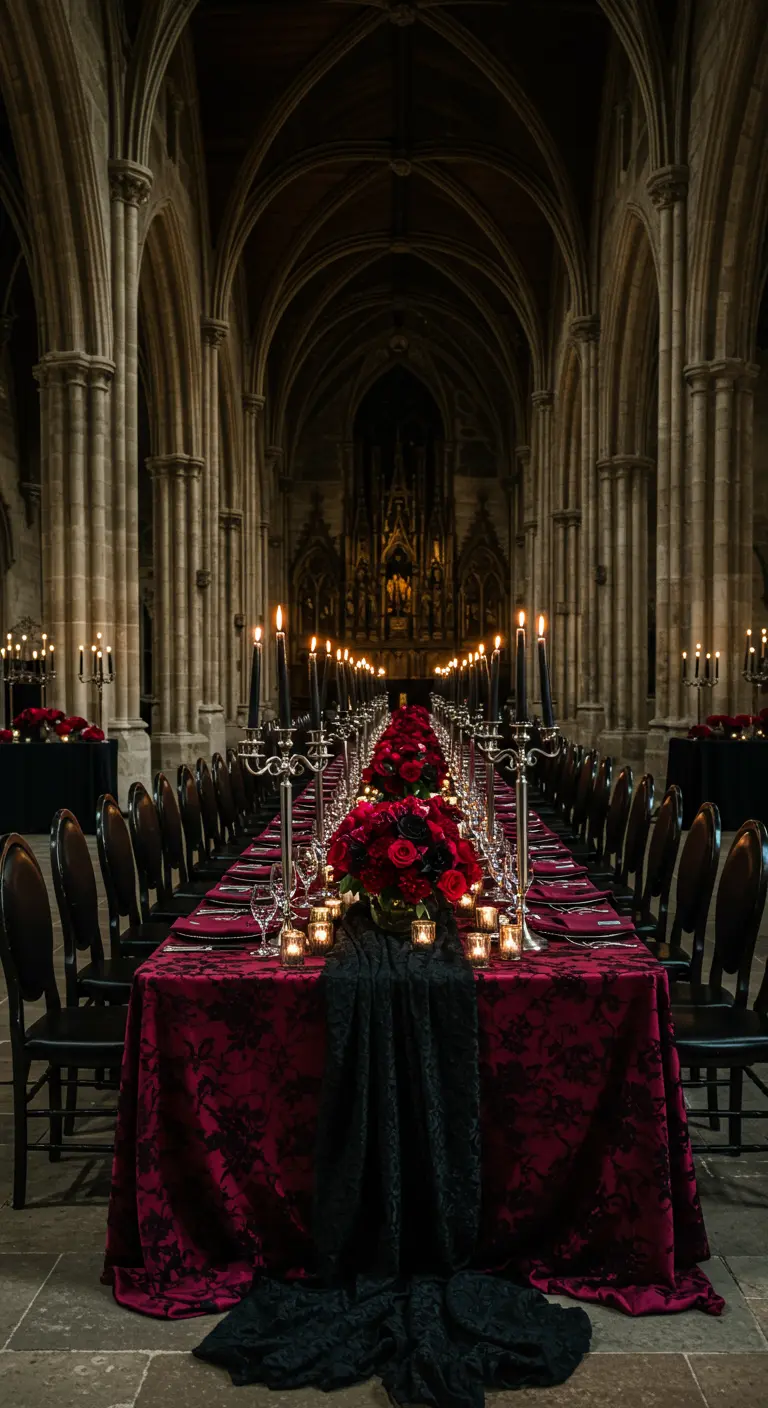 A gothic-themed wedding table with a dark red cloth, black candles, and deep red roses.
