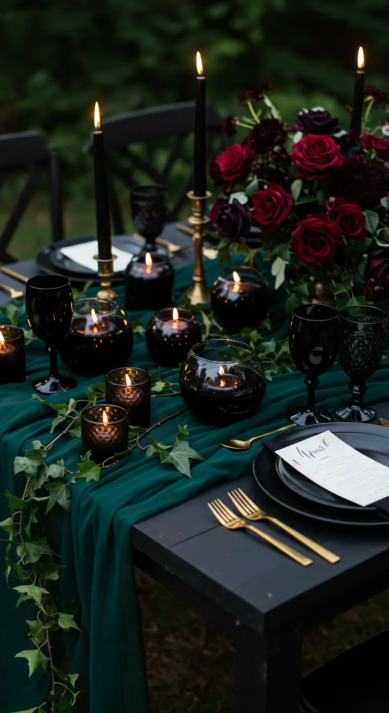 Moody outdoor tablescape with an emerald runner, black candles, deep red roses, and gold cutlery.