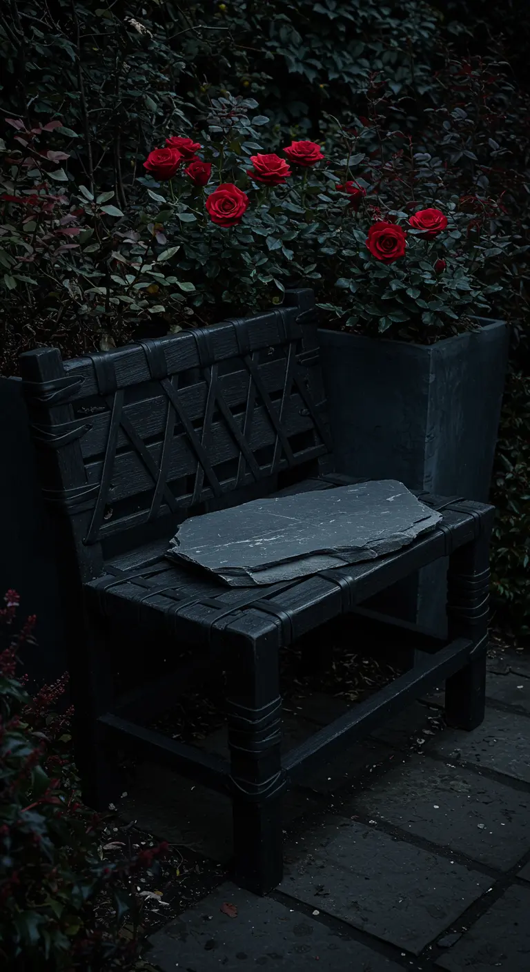 A dark, all-black woven bench with a slate seat, next to a planter of deep red roses.