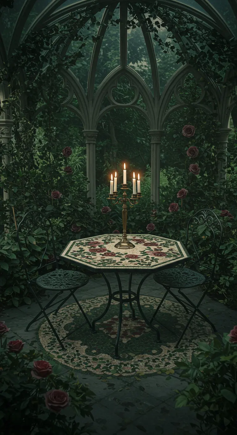 Hexagonal rose mosaic table with a candelabra in a dark, romantic, gothic-style garden.