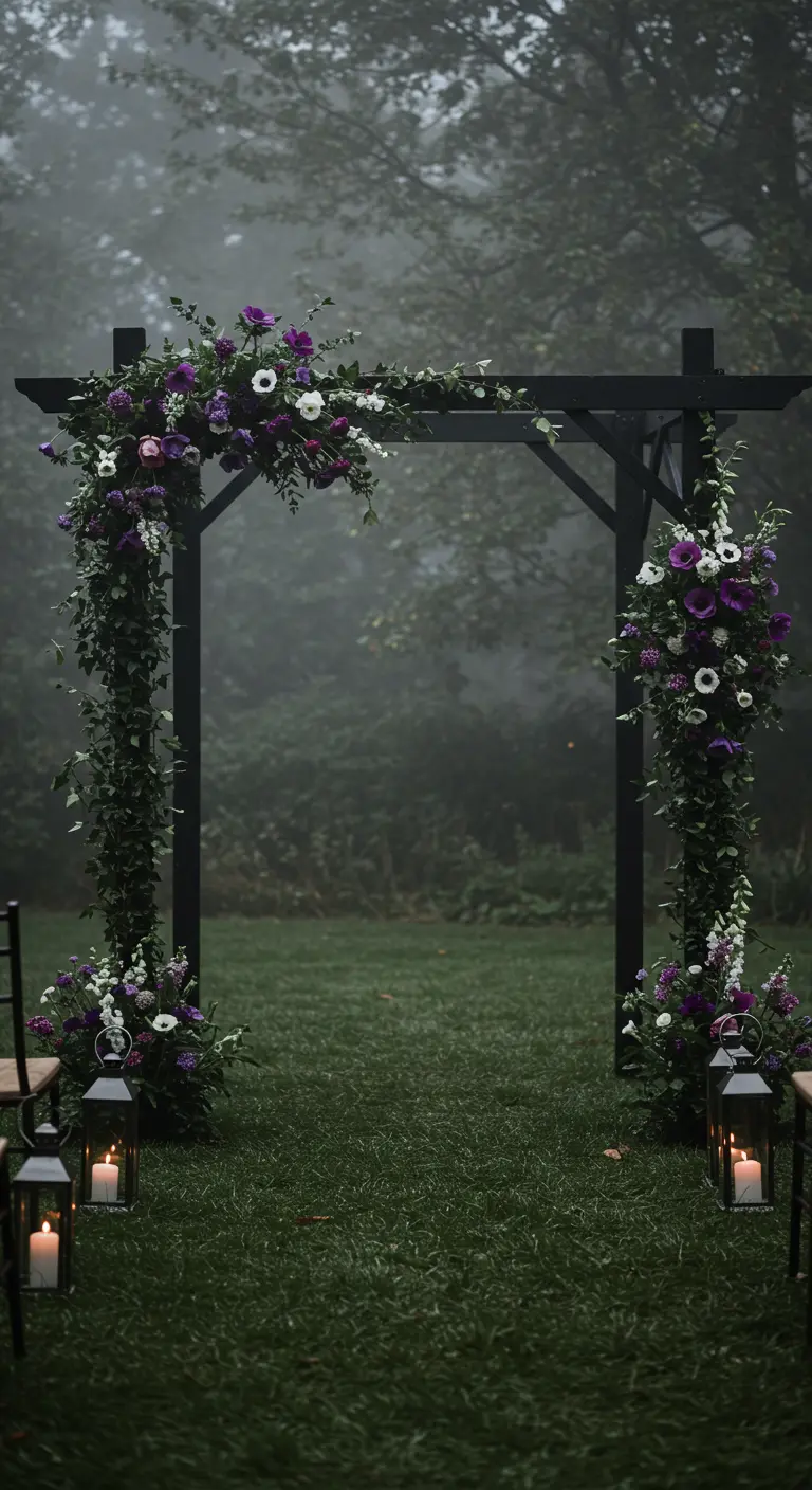 A black wedding arch in a foggy forest with dark purple and white flowers and lanterns.