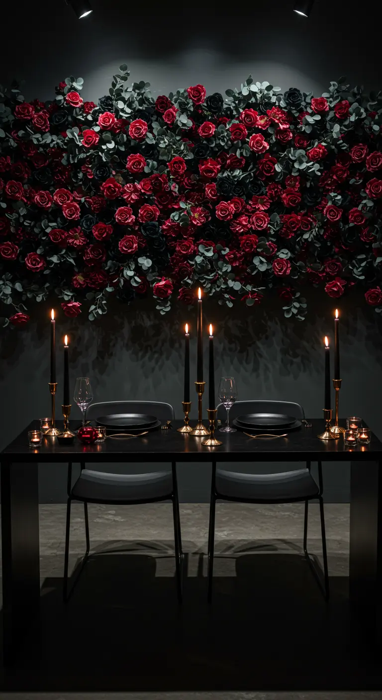 A dramatic wall of red and black roses behind a candlelit dining table.