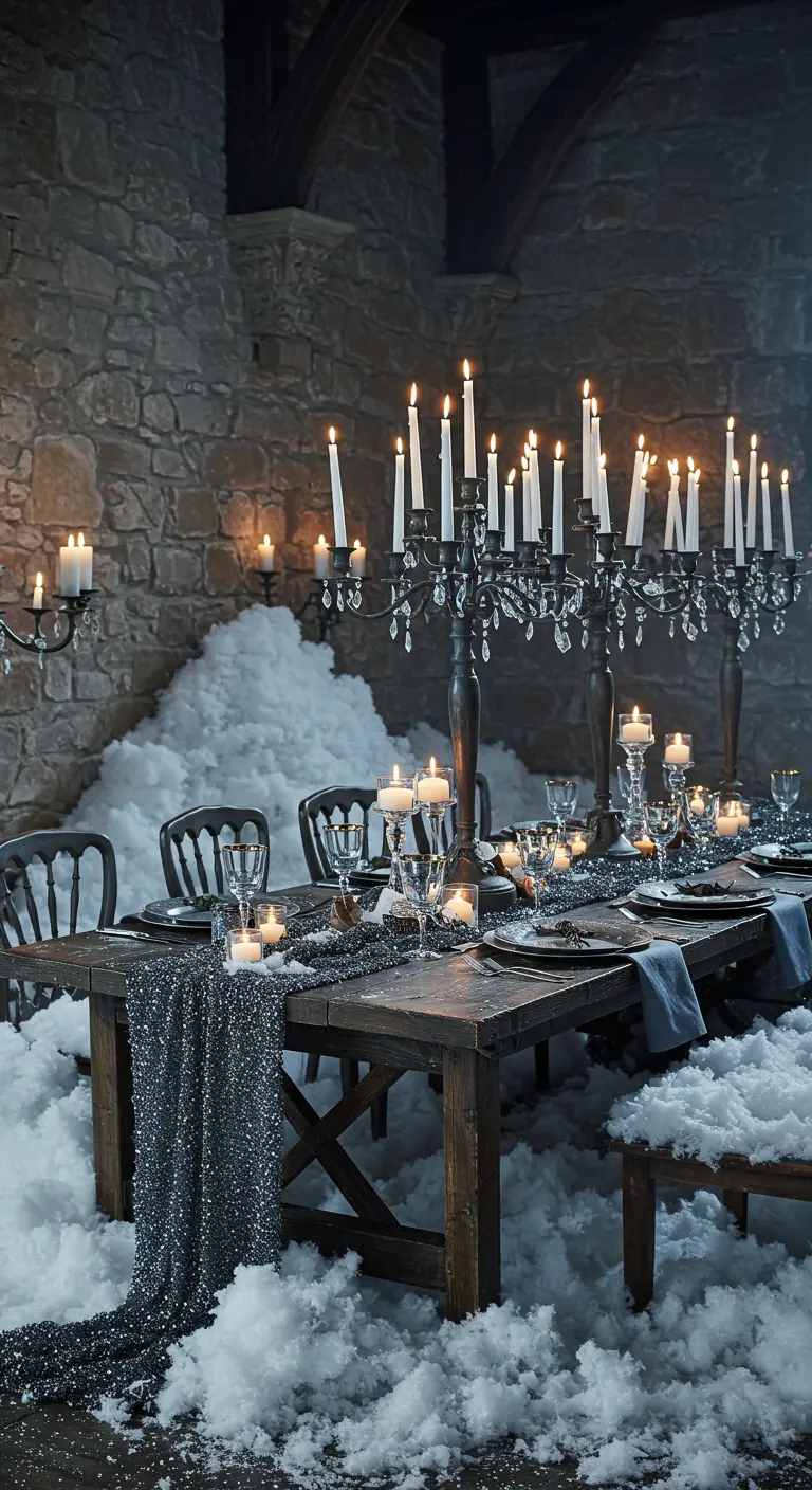 A rustic table in a stone room, surrounded by piles of faux snow and black candelabras.