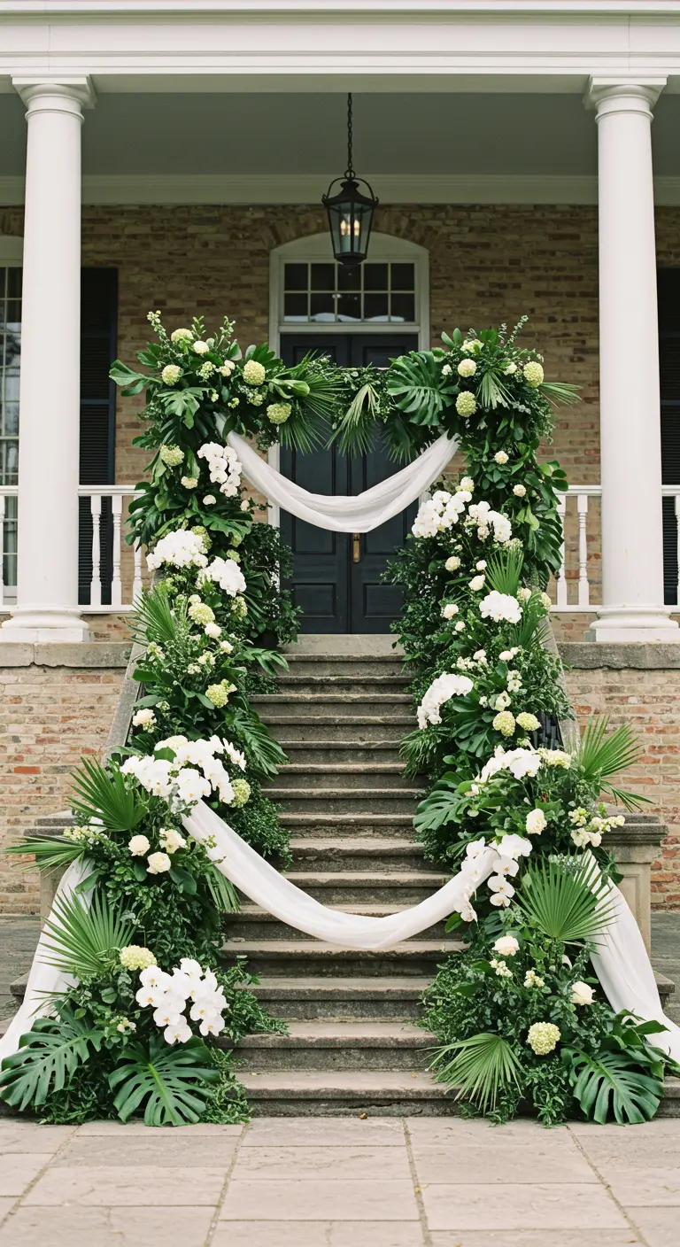 A grand staircase decorated with lush tropical greenery, white orchids, and draped white fabric.