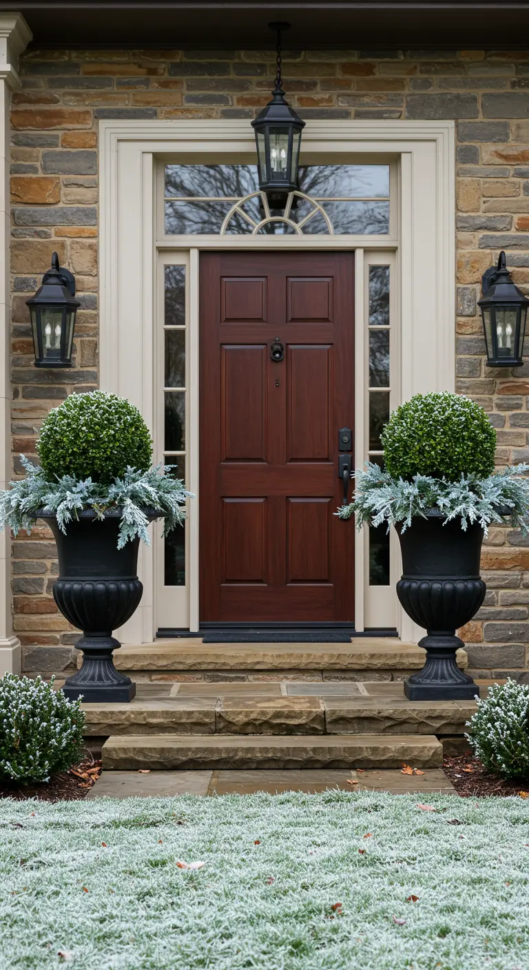 Two large black urns with globe boxwoods flanking a dark wood front door.
