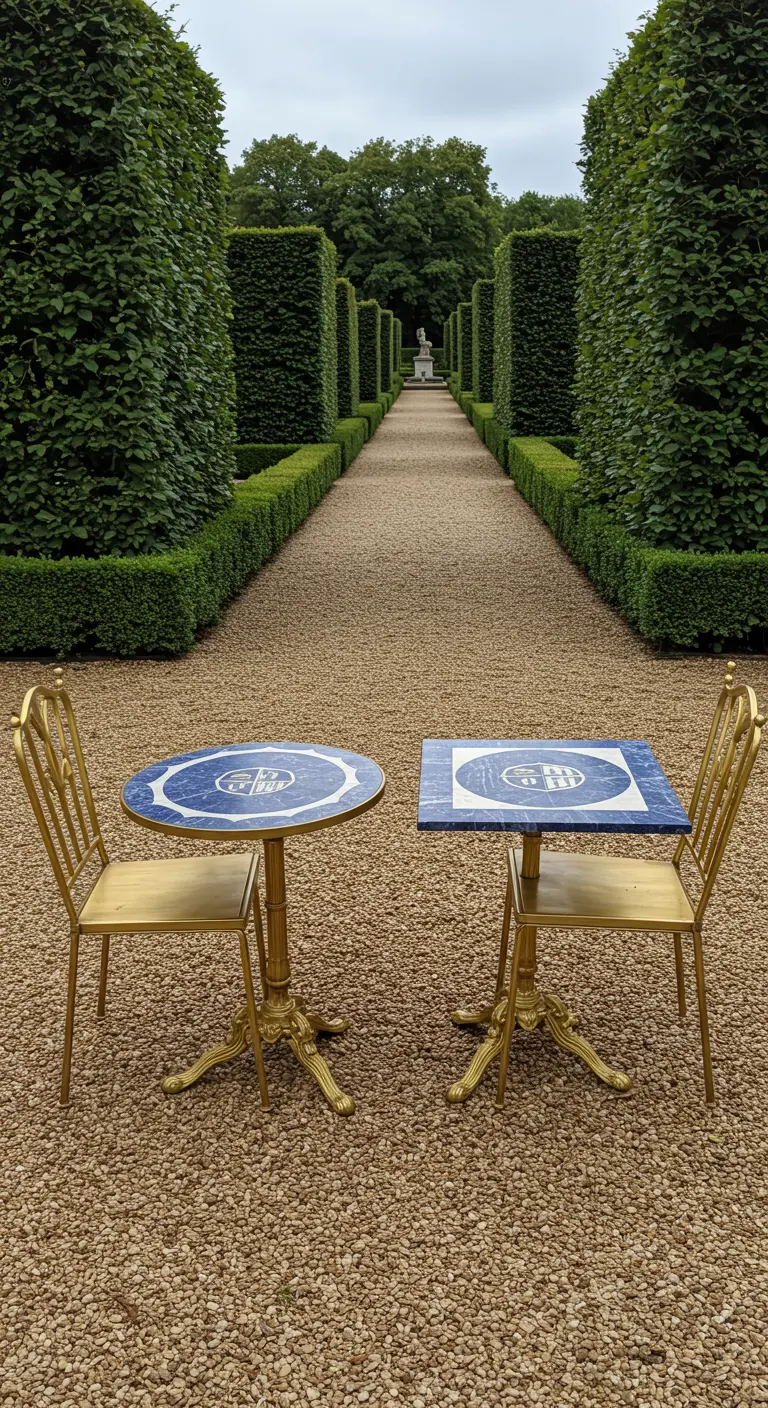 Two ornate gold bistro sets with blue mosaic tabletops in a formal gravel garden.