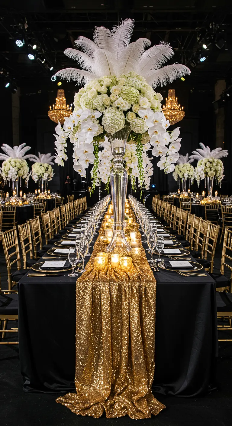 A long, grand dining table with a gold runner and towering white floral centerpieces.