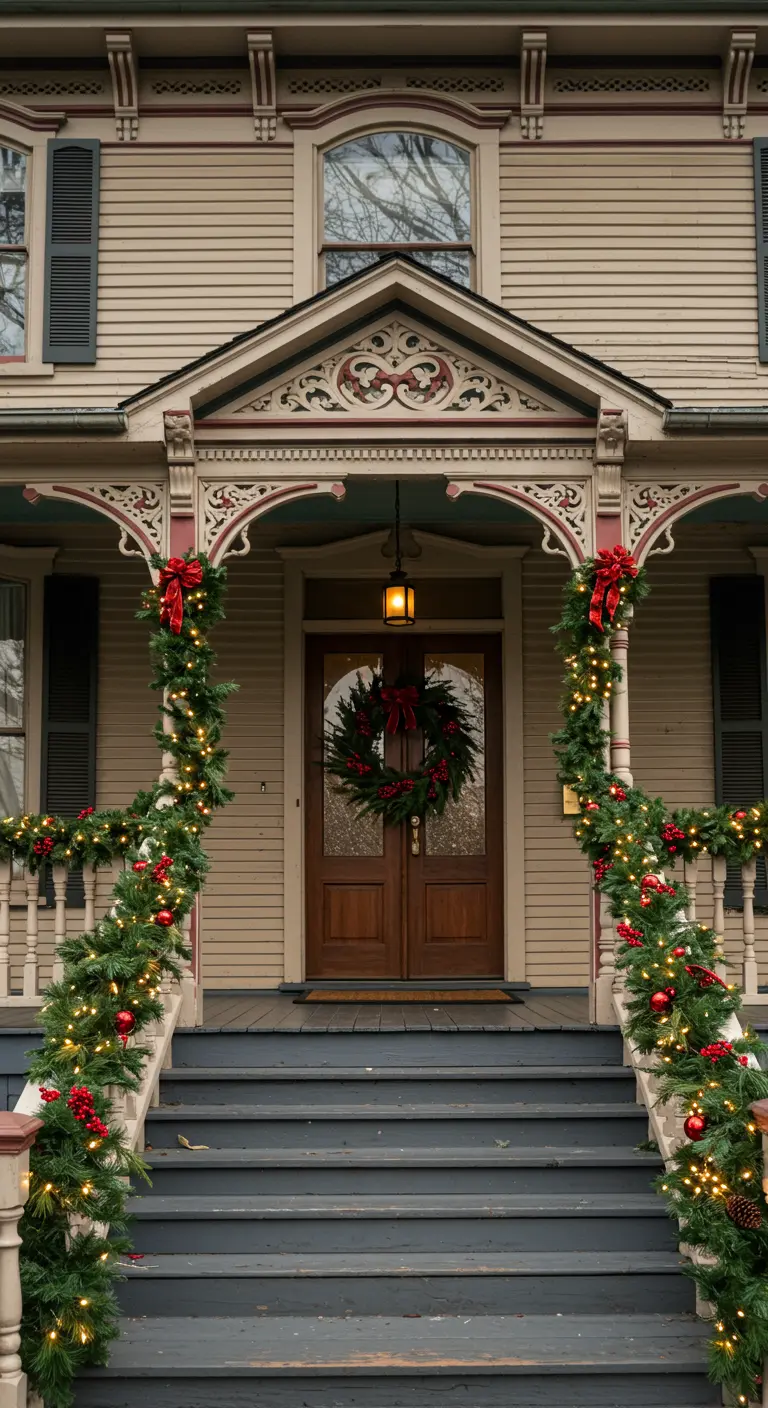 Victorian porch with columns wrapped in garland, lights, red ornaments, and berries.