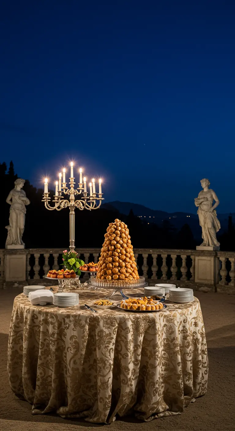 An opulent dessert table on a grand terrace with a croquembouche tower and a large silver candelabra.