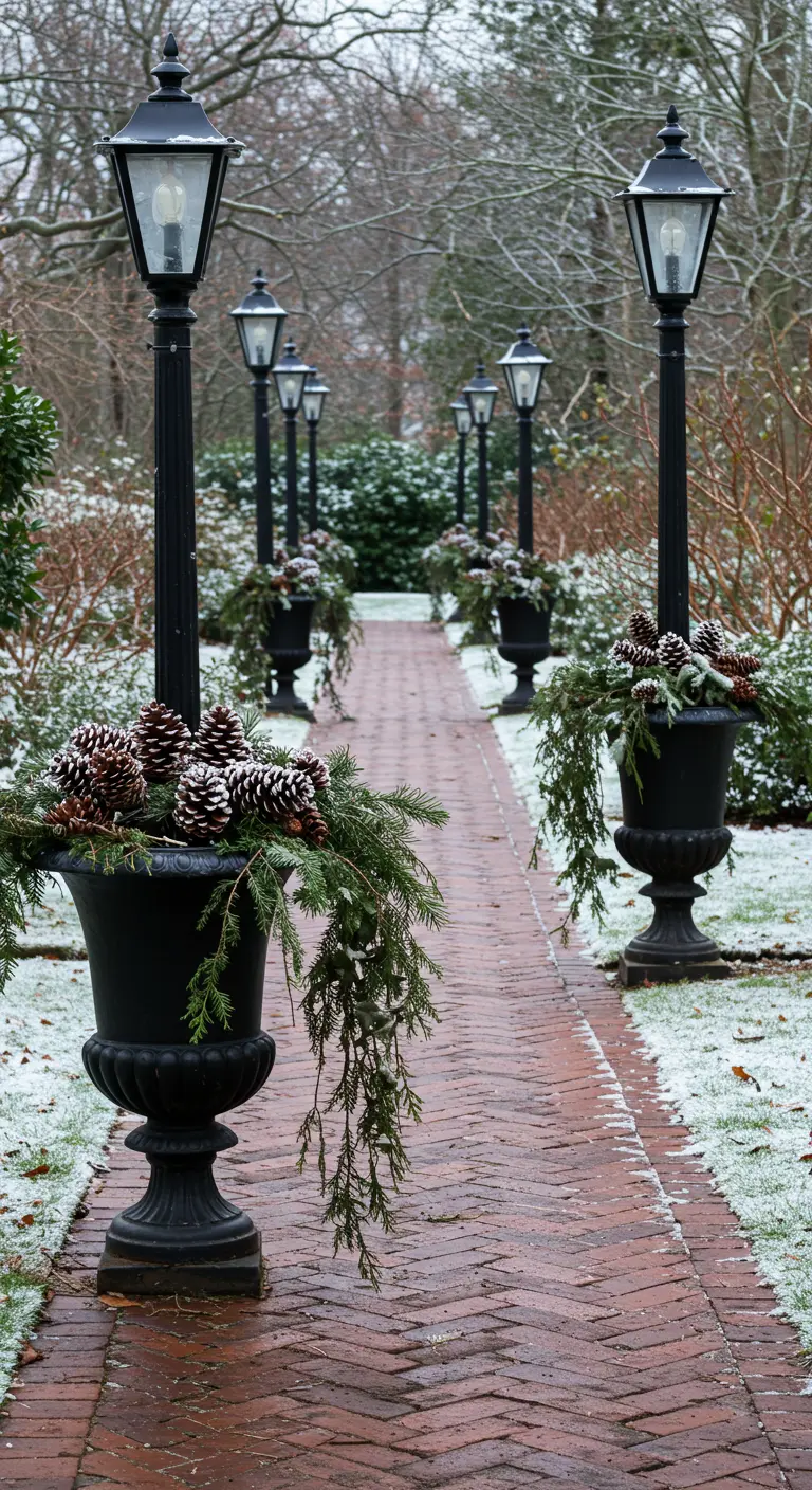 A brick path flanked by black urns overflowing with pinecones and cascading evergreen branches.
