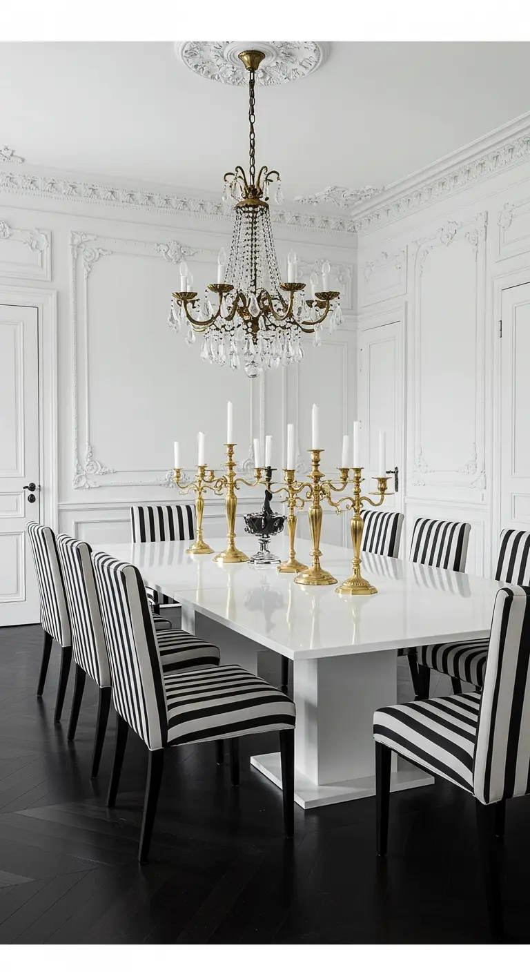 Dining room with black-and-white striped chairs, a white table, and a crystal chandelier.