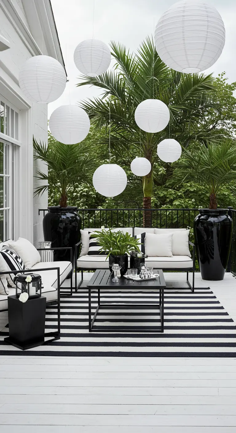 A chic black and white patio with a striped rug, modern furniture, and large white paper lanterns.