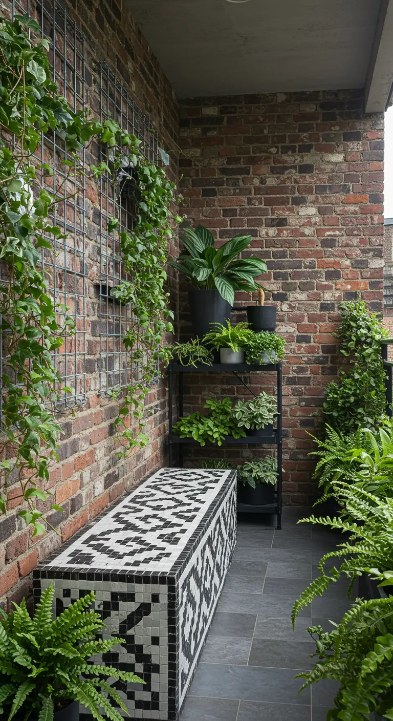 Black and white geometric mosaic bench against a brick wall on a balcony.