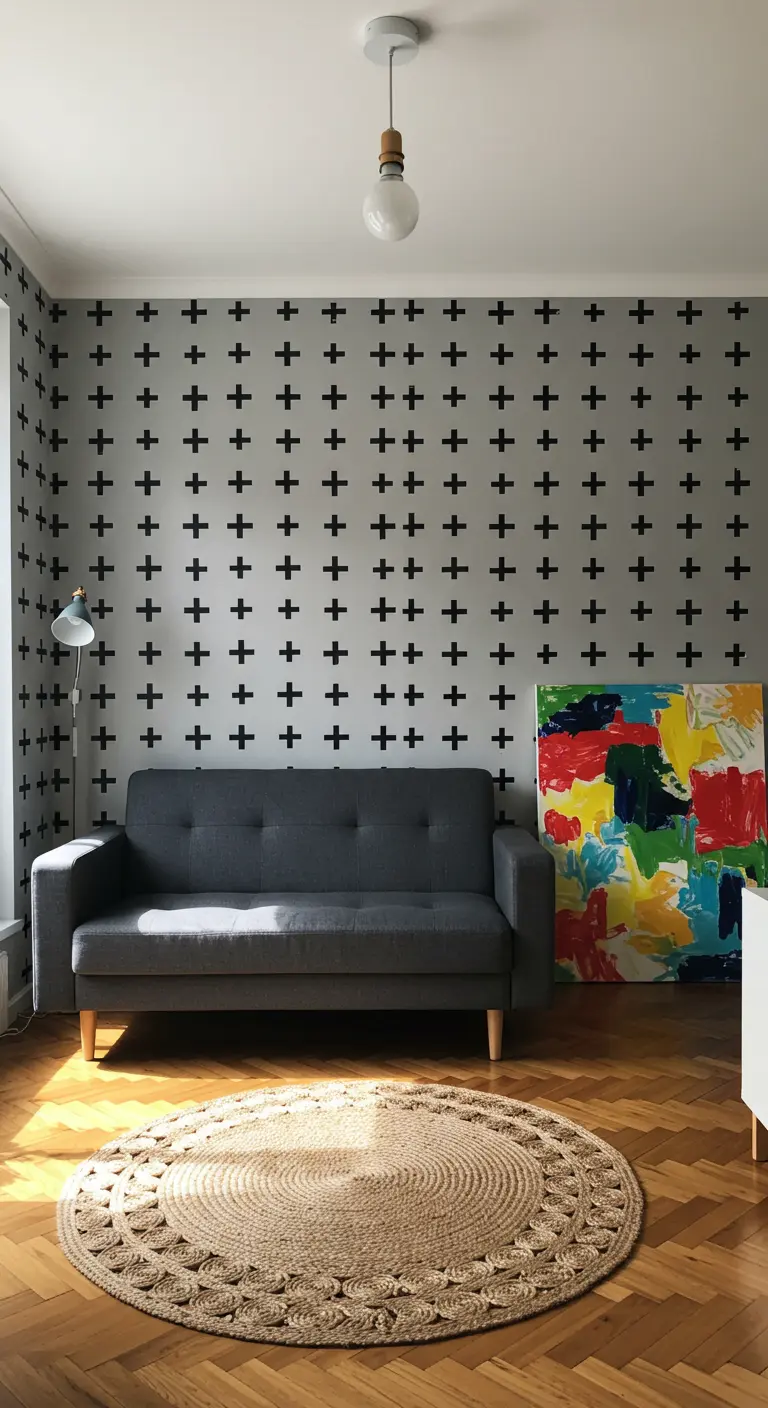Living room with a wall decorated in a black Swiss cross pattern using tape.