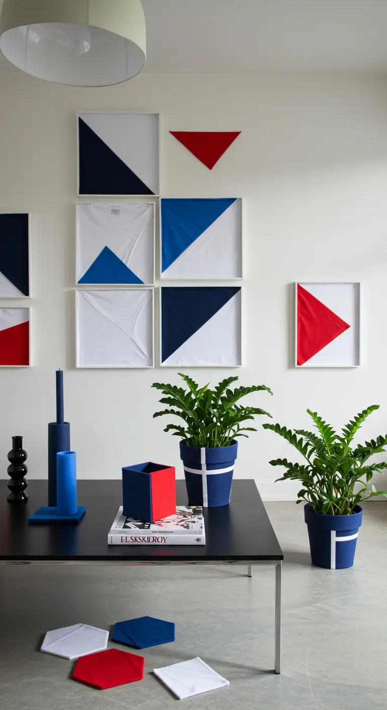 A gallery wall featuring framed graphic t-shirts in minimalist white and black frames.