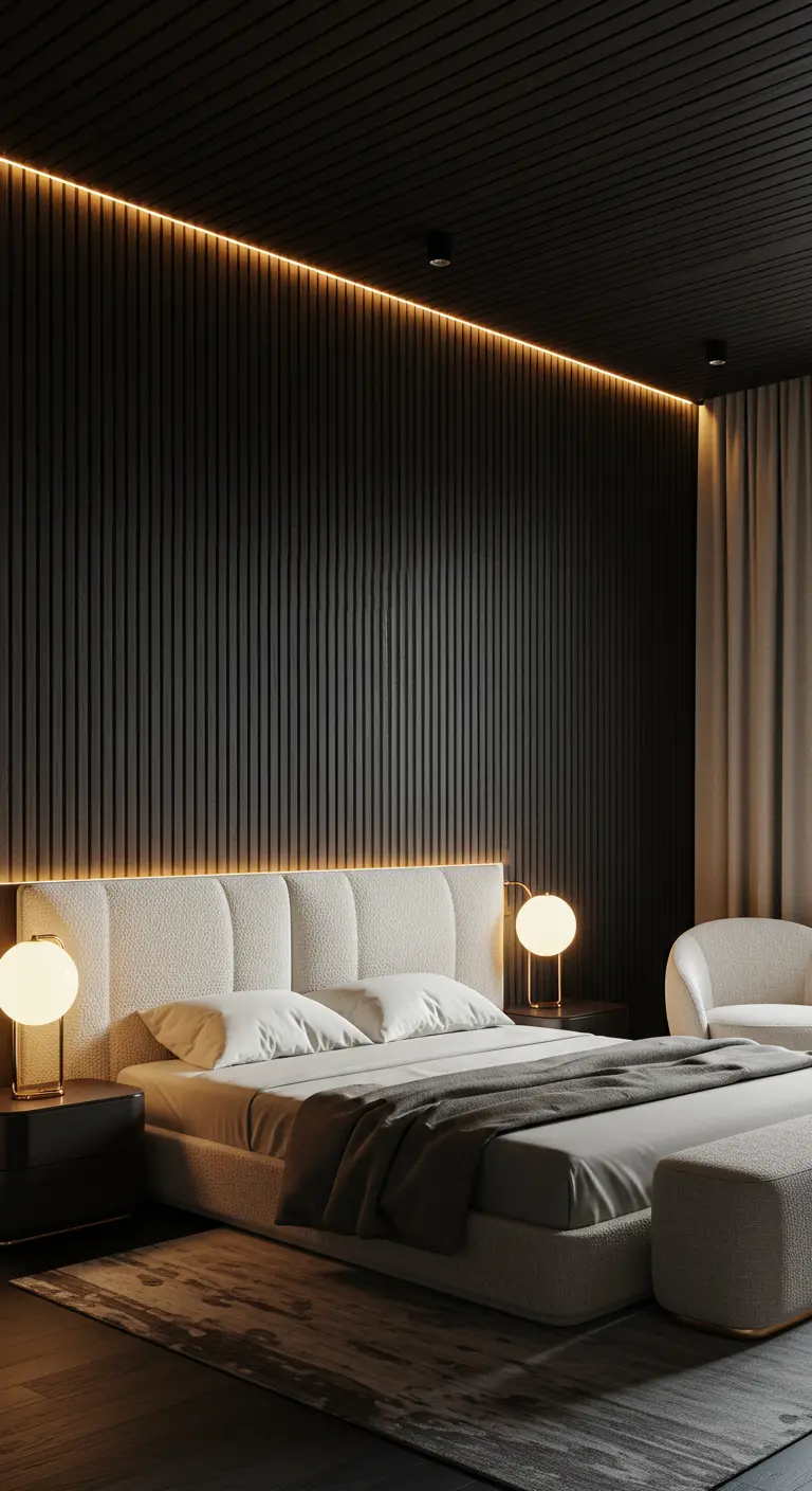 A black slatted wood wall in a dark bedroom is illuminated by a warm LED ceiling light.