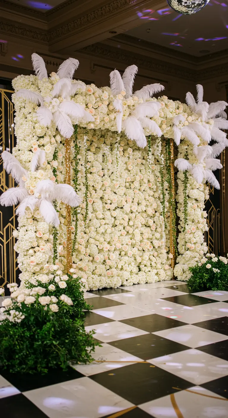 White rose wall with large white ostrich feathers for an Art Deco vibe.