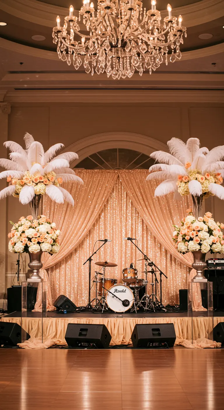 A wedding band stage with a gold sequin backdrop and giant floral arrangements with ostrich feathers.