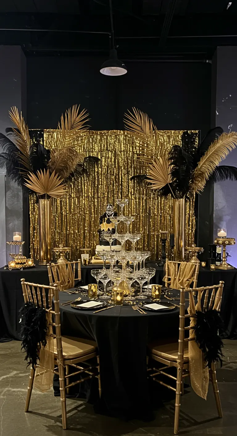 A glamorous black and gold party setup with a champagne tower and feathers.