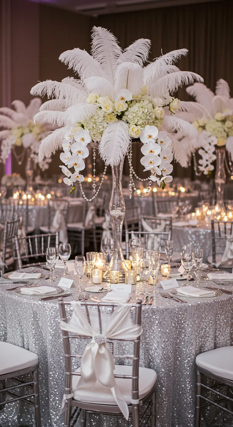 A glamorous wedding centerpiece with white feathers, roses, orchids, and hanging crystals.