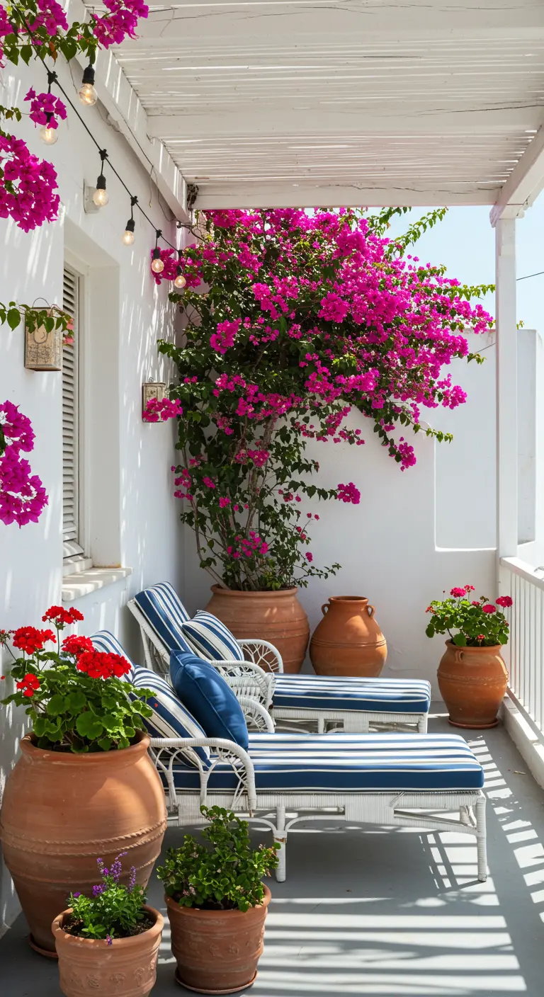 White loungers with blue striped cushions on a sunny terrace with bright pink bougainvillea.