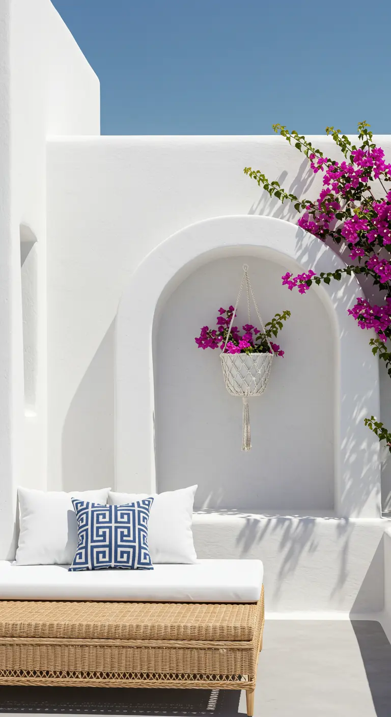 White macramé planter with pink flowers in a whitewashed architectural niche.