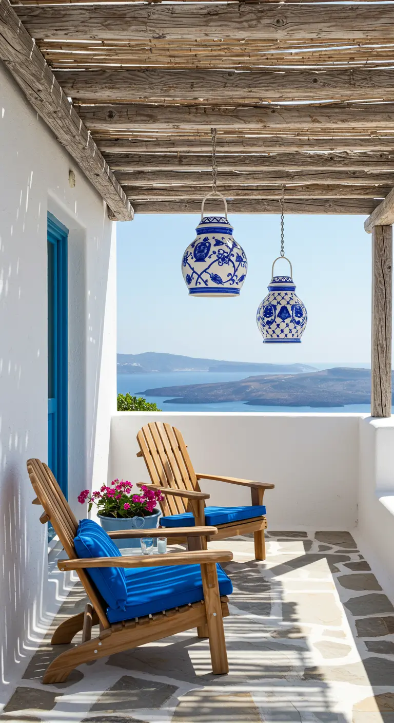 Two Adirondack chairs with blue cushions on a stone patio overlooking the sea, with ceramic lanterns.