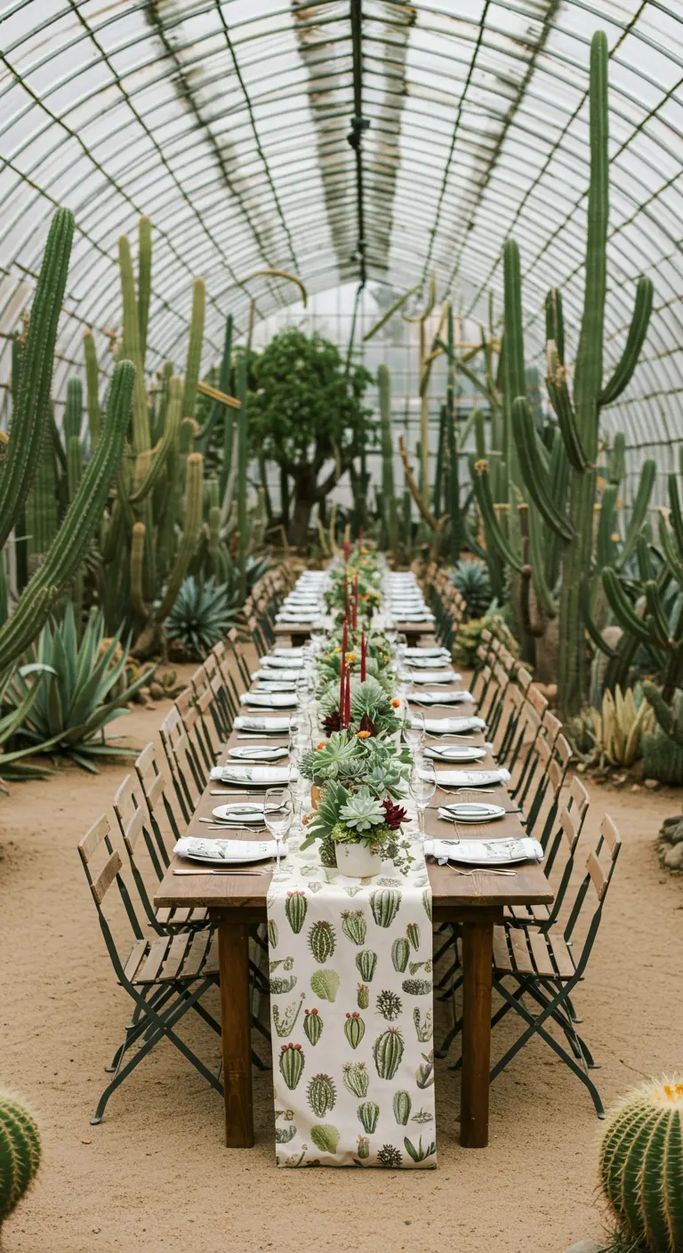 A long wedding table in a cactus greenhouse with a cactus-print runner.