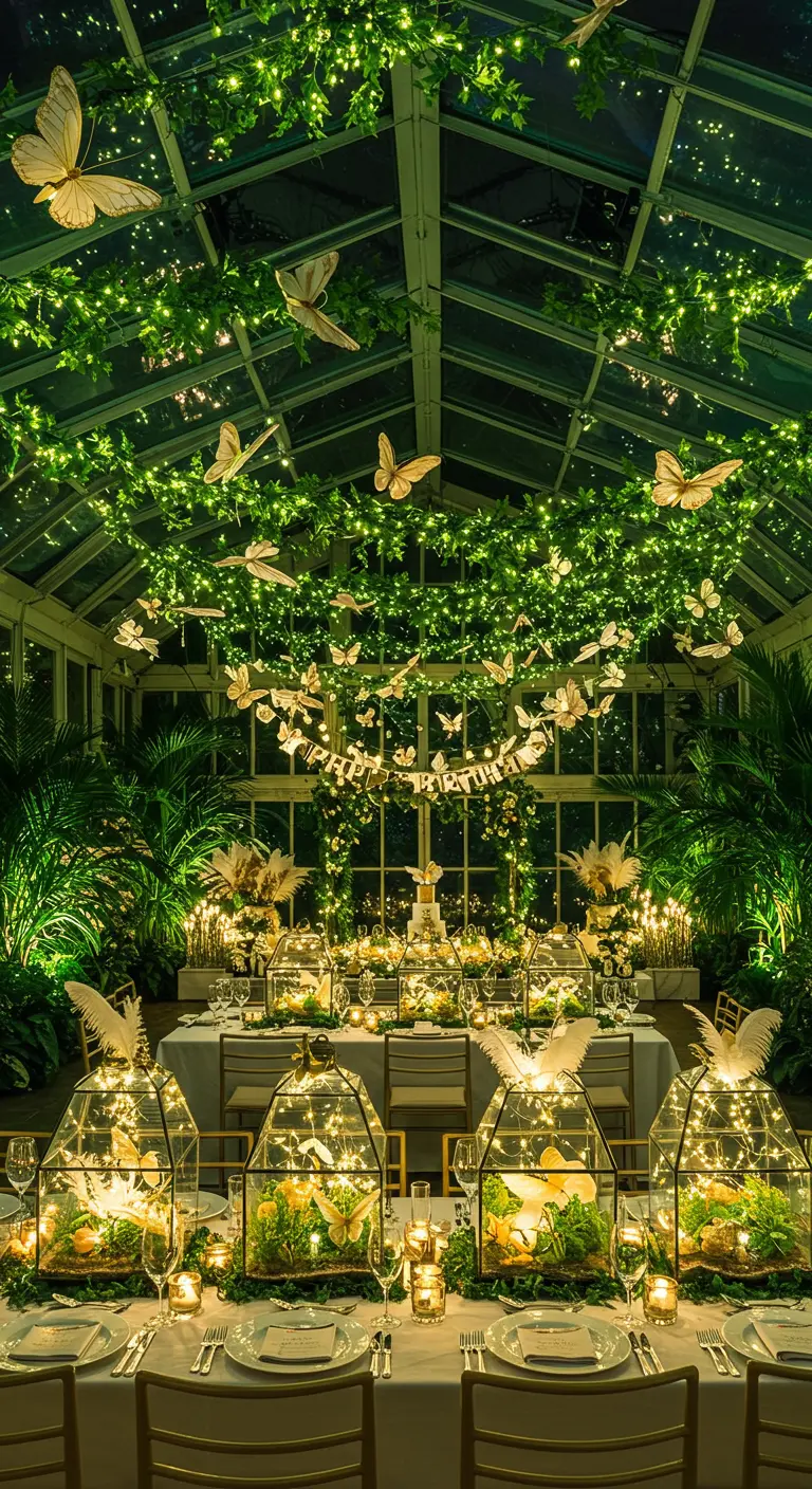 Greenhouse birthday party with hanging vines, green lights, and butterfly terrariums.