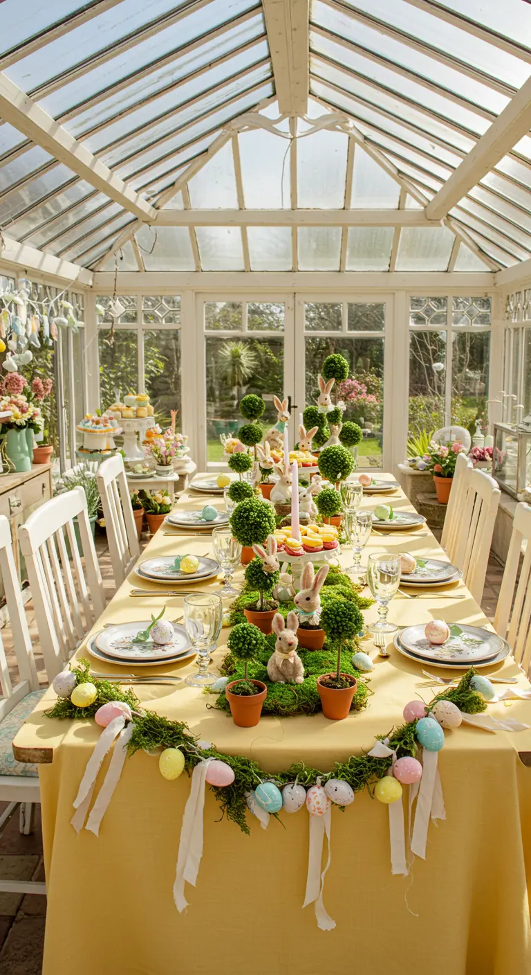 Long Easter brunch table in a greenhouse with bunny topiaries and a yellow tablecloth.