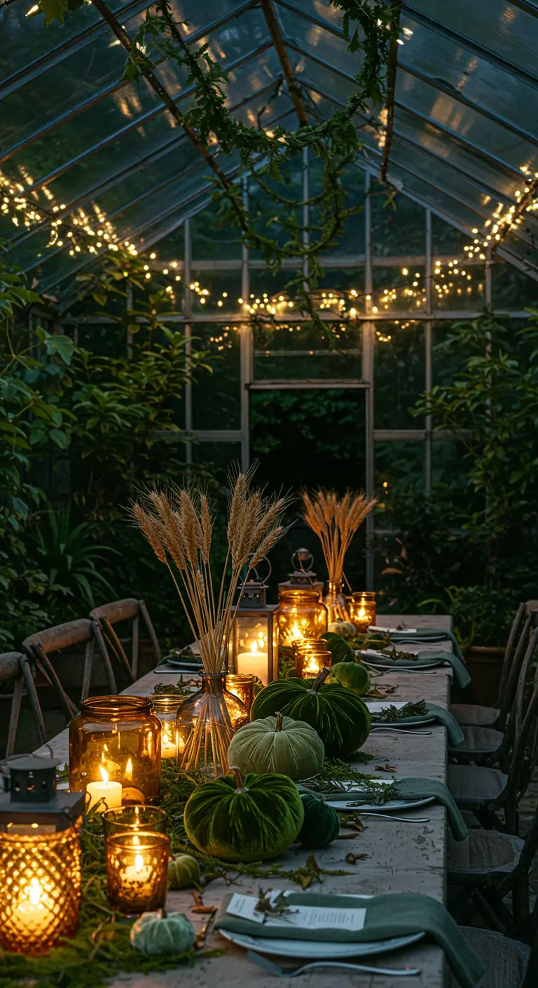 Evening dinner party in a greenhouse with fairy lights, lanterns, and fall decor.