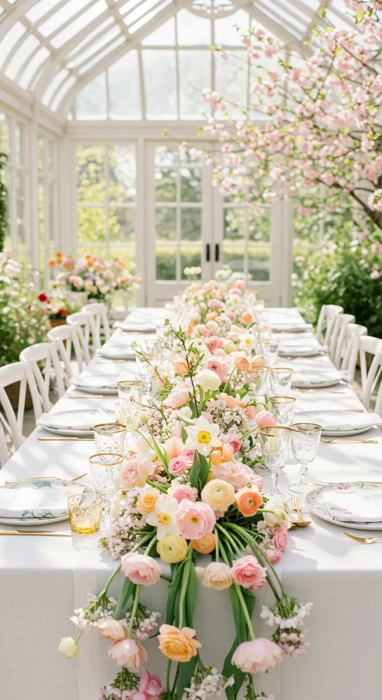 A long table in a bright greenhouse set with a pastel floral runner of ranunculus and tulips.