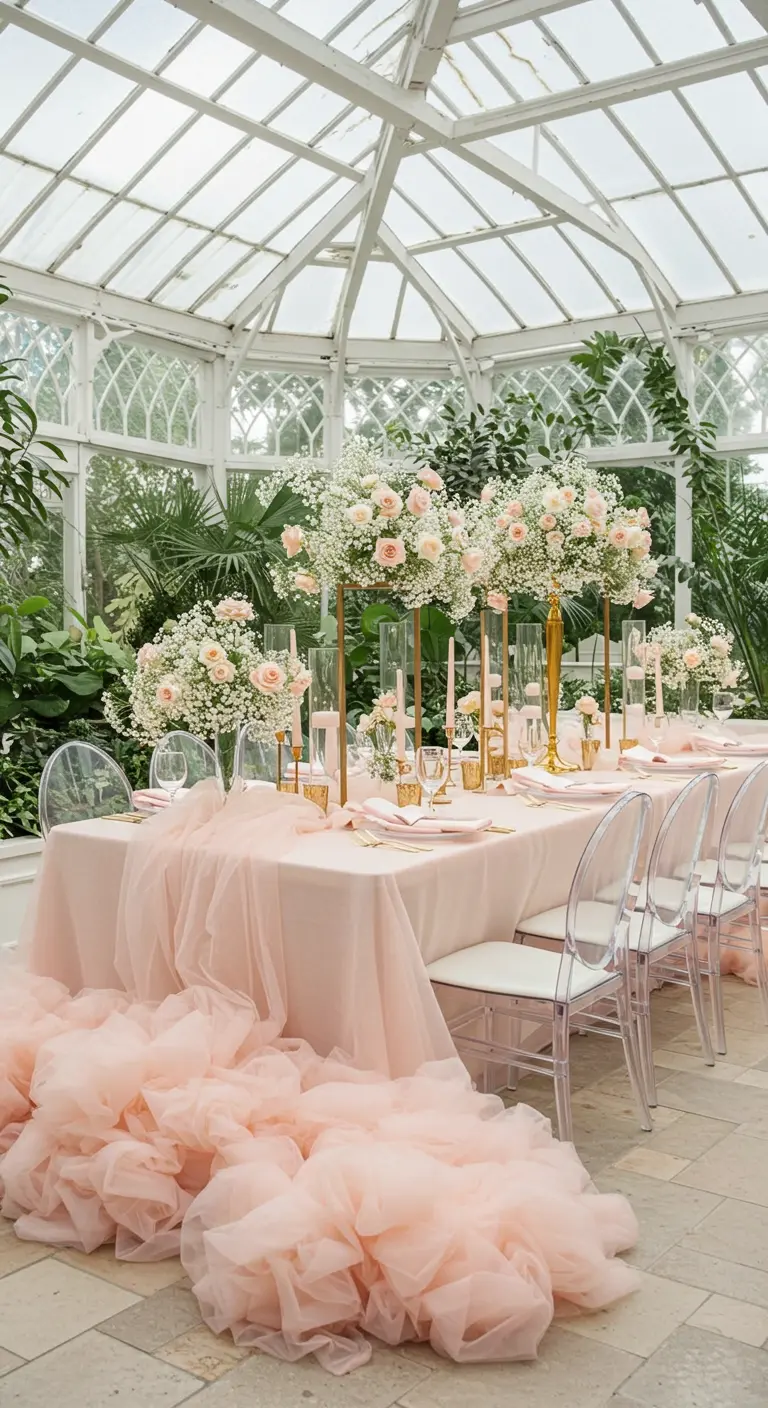 A long table in a glass greenhouse with a dramatic, floor-length pink tulle runner.