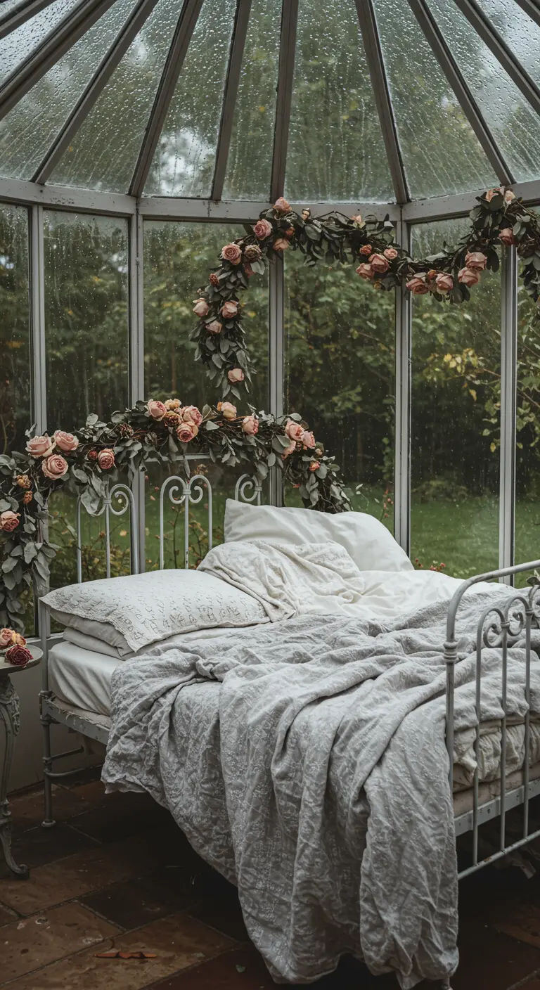 Wrought iron daybed inside a glass greenhouse, covered in soft linens and a rose garland.