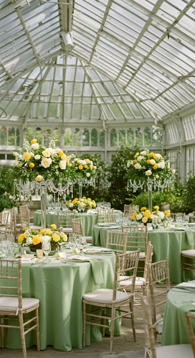 A sunlit greenhouse reception with sage green tablecloths and centerpieces of yellow and white roses.