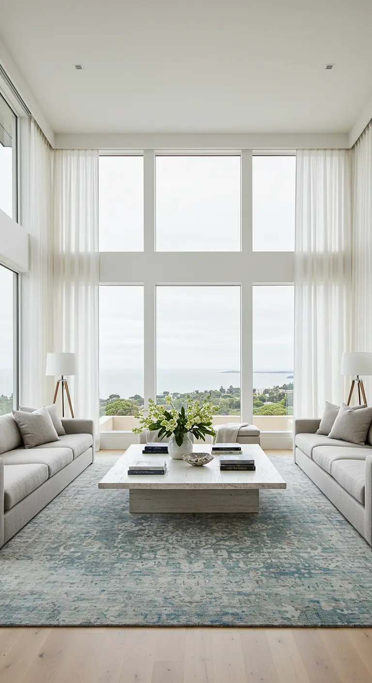 Grand living room with two-story windows and a large area rug under two facing sofas.
