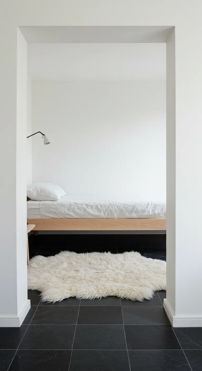 Minimalist bed nook with a light wood frame and a dark tiled floor.