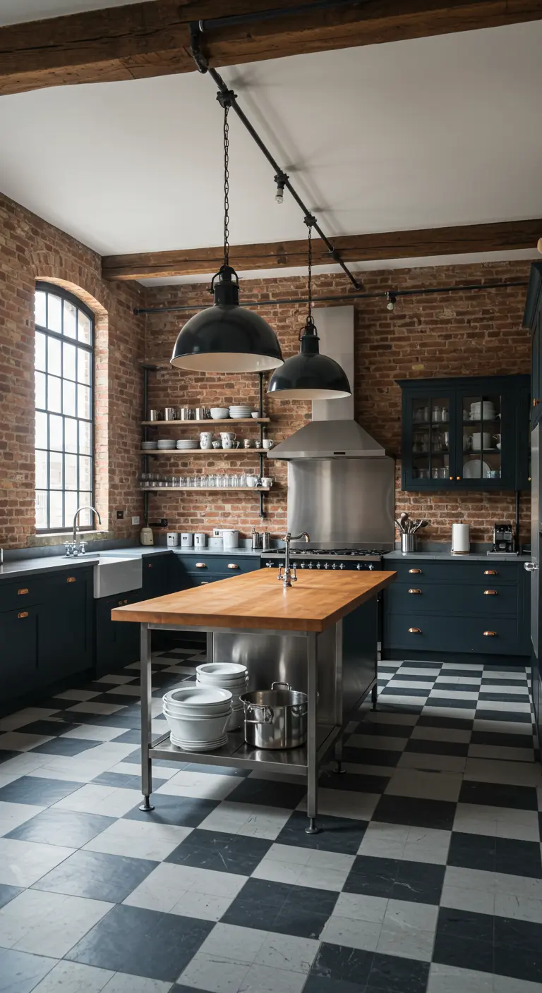 Industrial loft kitchen with exposed brick, navy cabinets, and a black-and-white checkerboard floor.