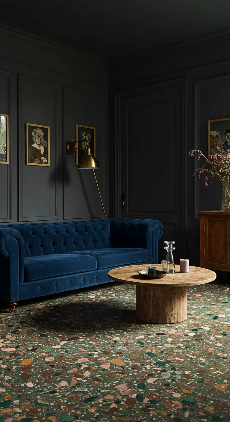 A moody living room with dark gray walls, a blue velvet chesterfield, and a colorful terrazzo floor.