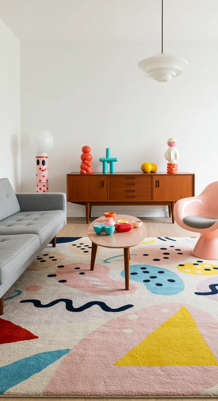 A whimsical room with a teak credenza, quirky decor, and a colorful Memphis-style rug.