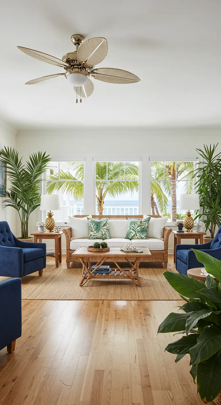 Tropical-themed living room with rattan furniture, palm plants, and navy armchairs.