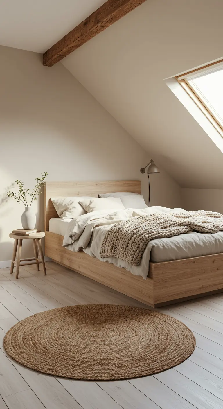 Attic bedroom with a light wood bed, beige walls, and a round jute rug on the floor.