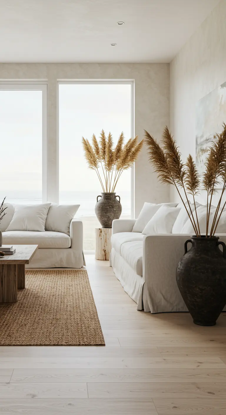 White slipcover sofas and a jute rug anchored by large, dark ceramic vases with pampas grass.