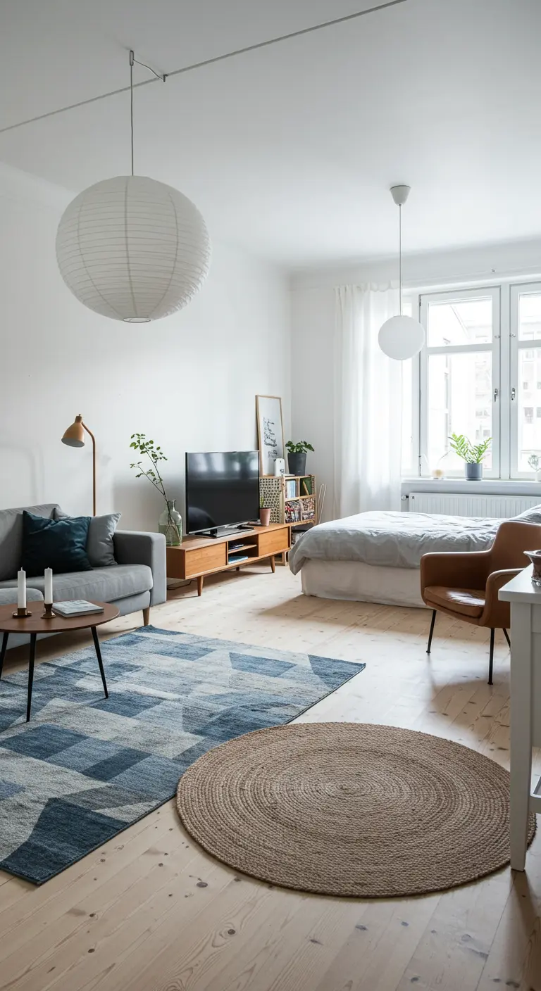 A Scandinavian-style studio apartment using two different rugs to define the living area.
