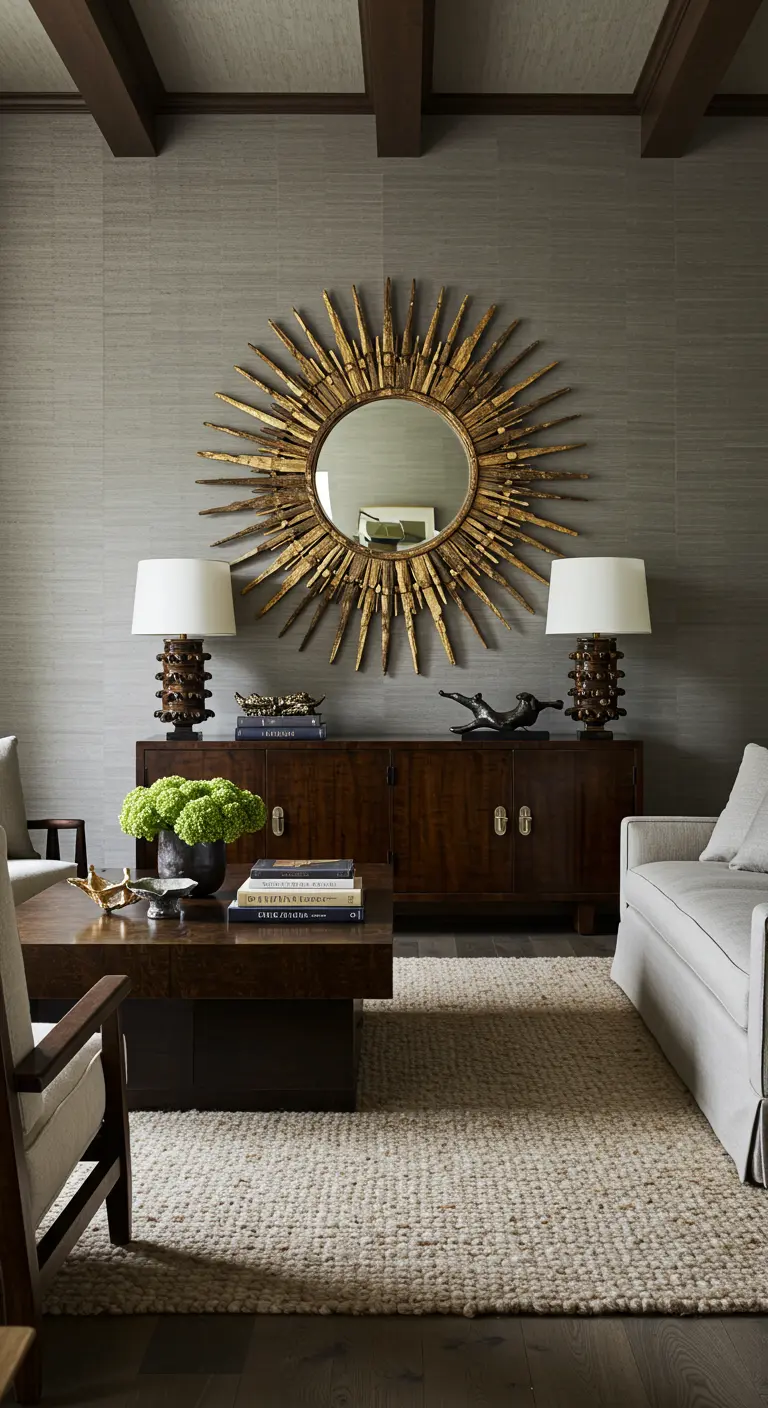 A rustic wood credenza and textured sunburst mirror in a room with a jute rug.