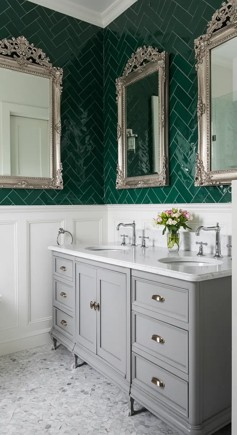 Bathroom with emerald green herringbone tile above white wainscoting and a traditional grey double vanity.