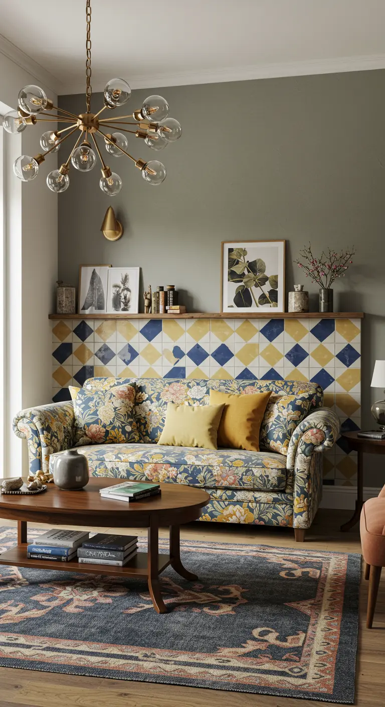 Eclectic living room with a floral sofa and a blue-and-yellow diamond-patterned tile wall.